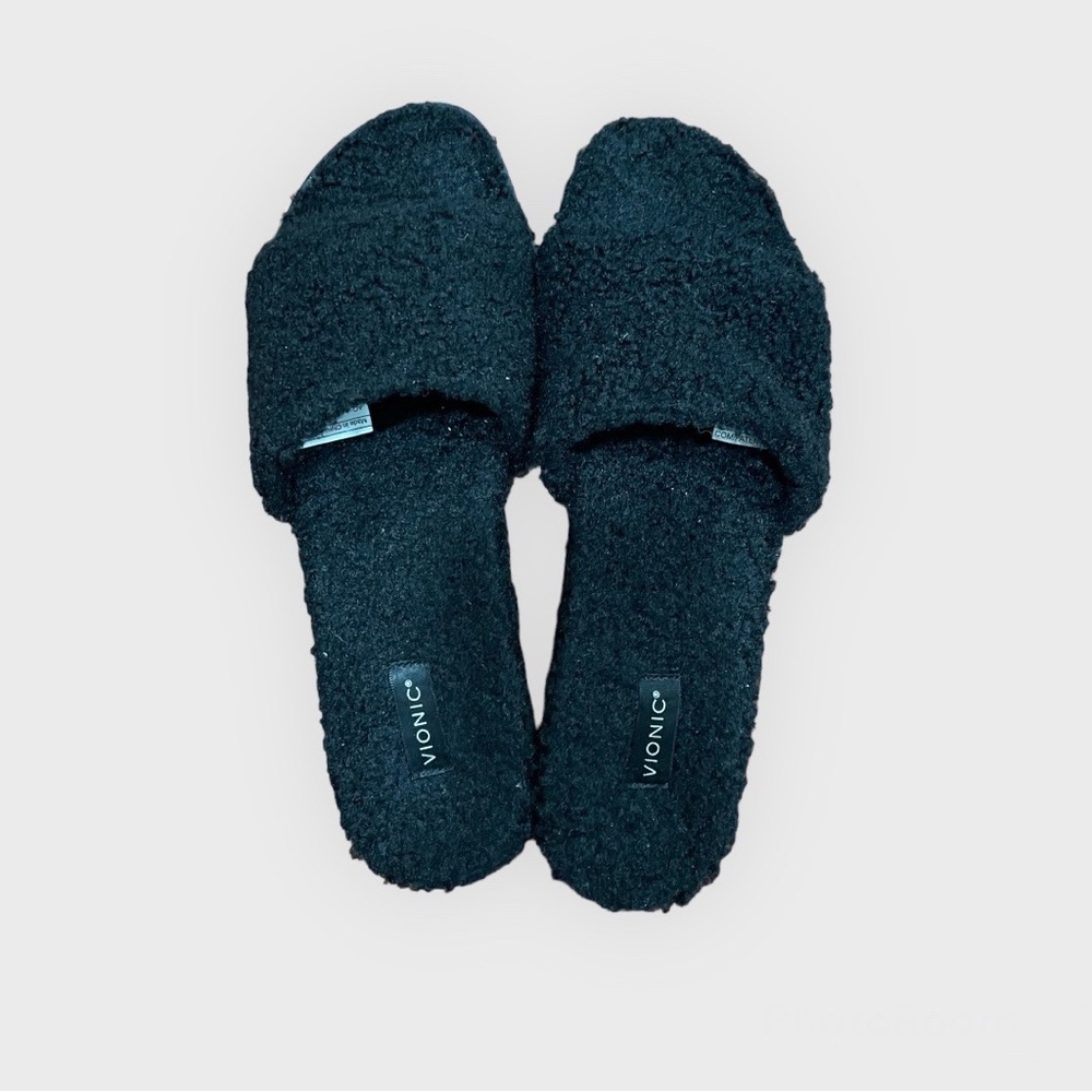 Vionic DEMI Slide Sandal Orthotic Black Faux Fur Fuzzy